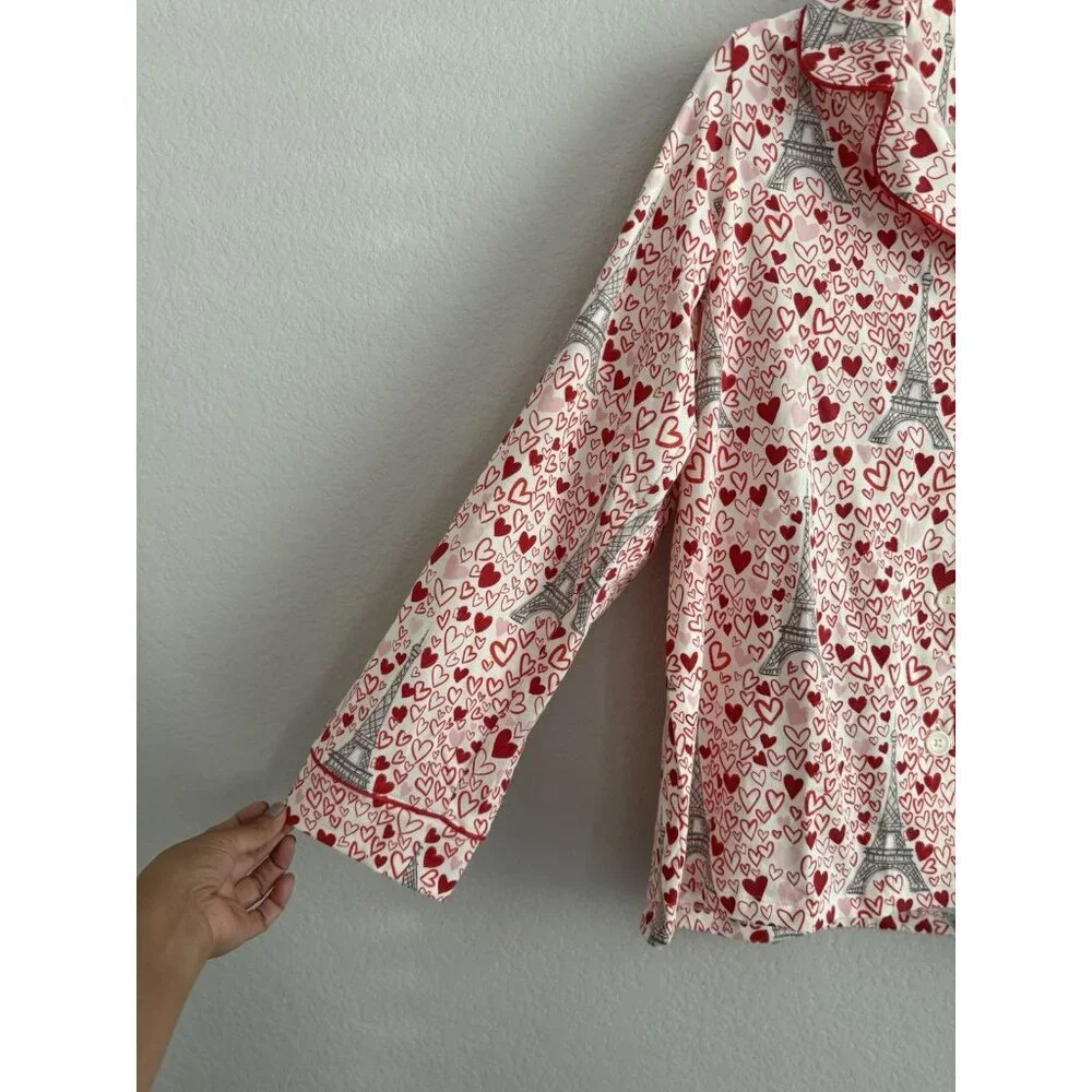 BedHead Women's Long Sleeve Button Down Pajama Top Heart Eiffel Notch Size M NEW